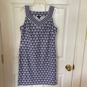 Talbots Navy & White V‑Neck Printed Midi Shift Dress